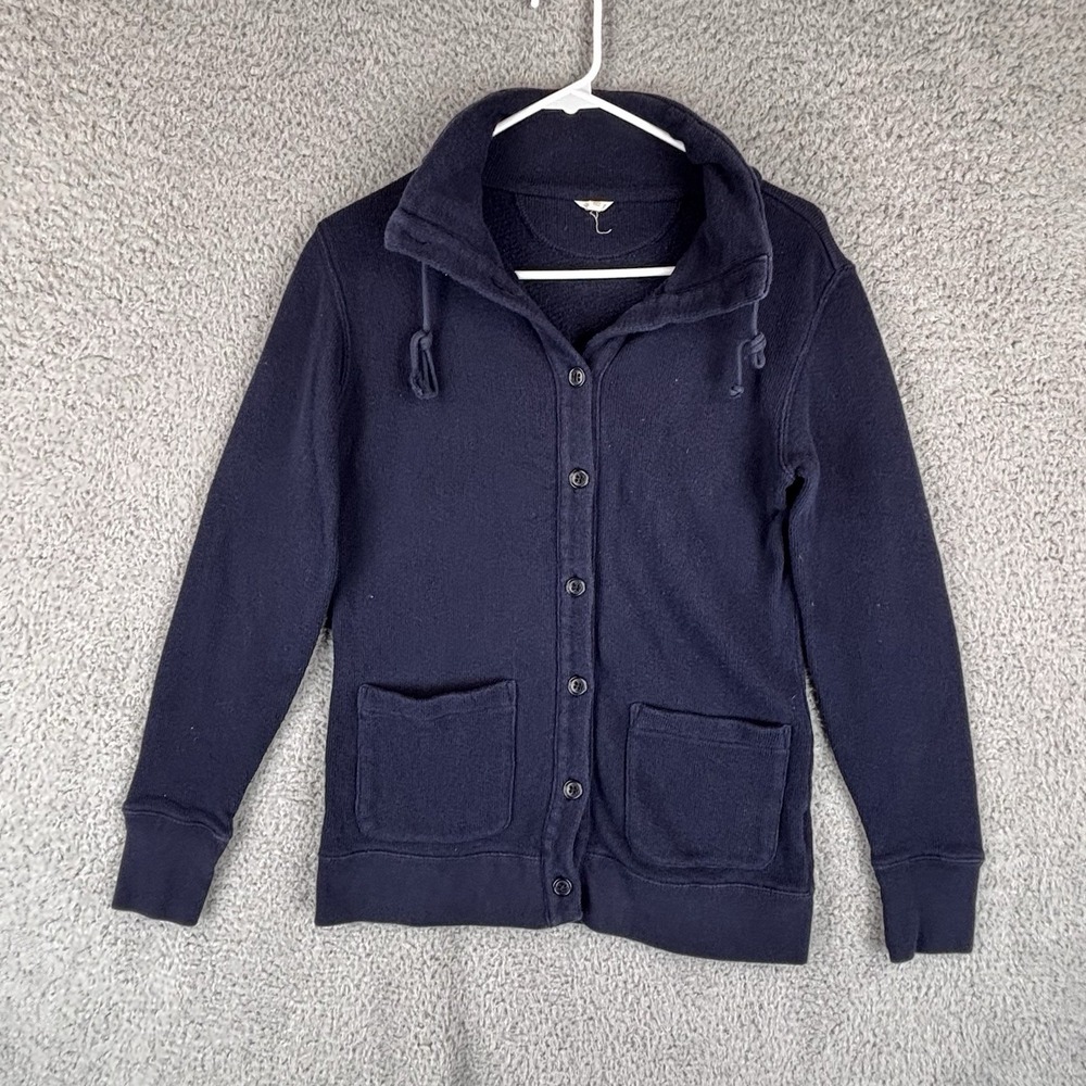 J Crew Cardigan Sweater Mens S Navy Heavy Cotton Pockets Button Front Drawstring